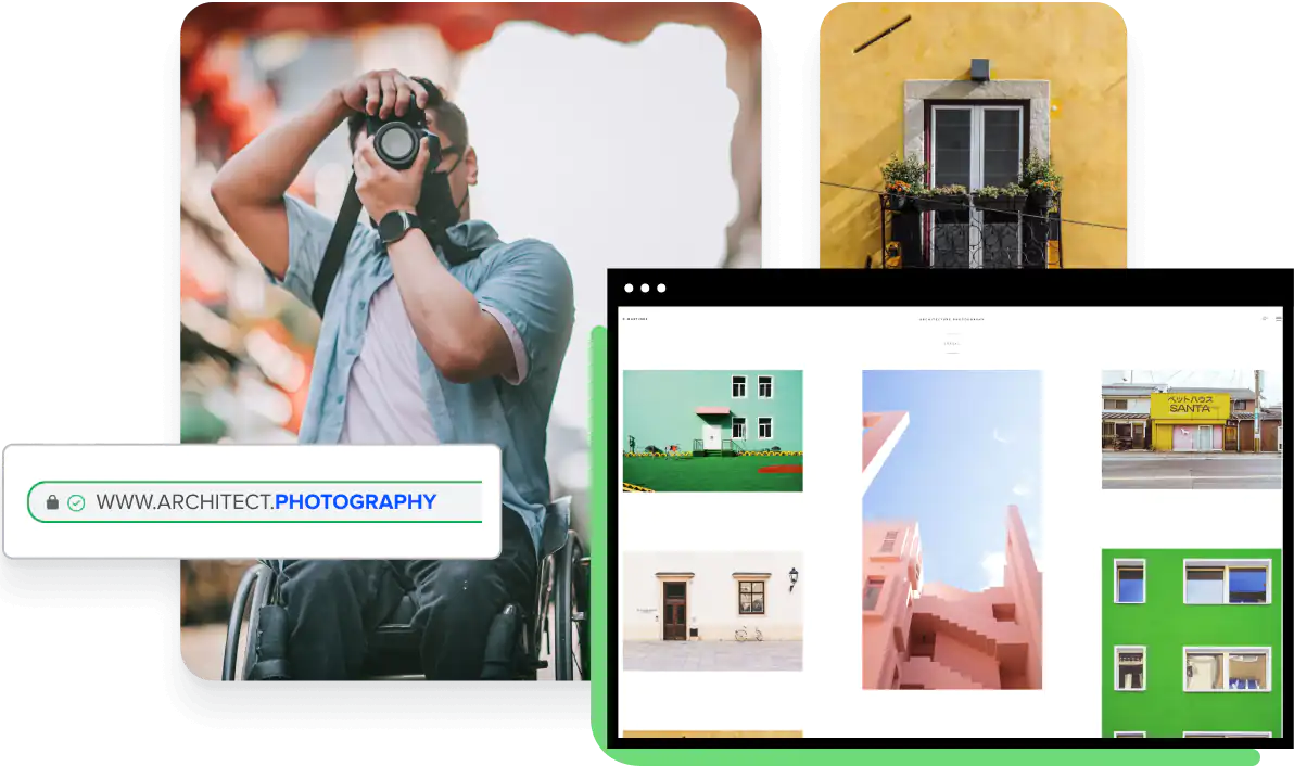 Collage of man with camera and photo of house and screenshot of photography website