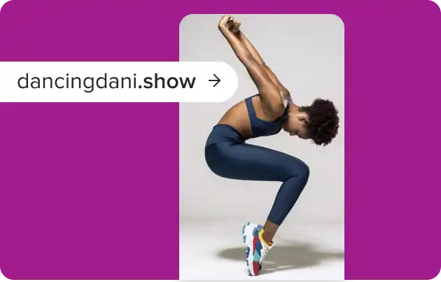 Woman dancing with unique domain name displayed.