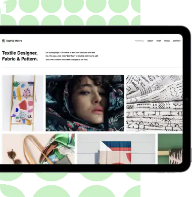 Illustration with repeating green dots and an iPad with some photos of people