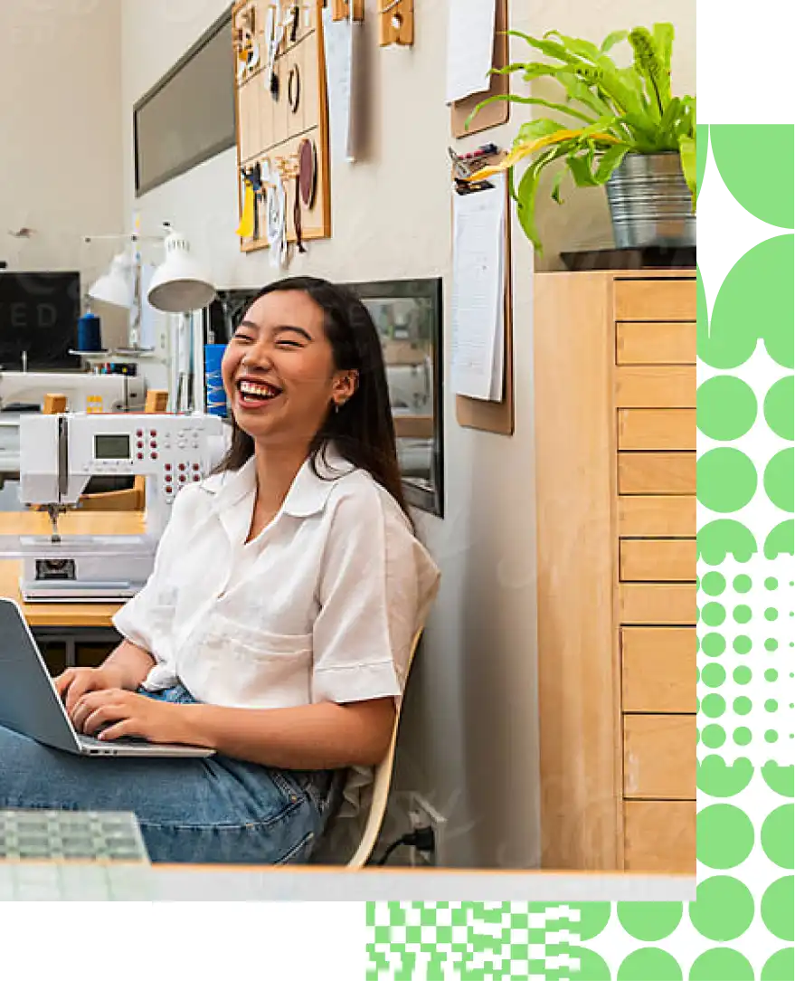 Woman and computer and product logos