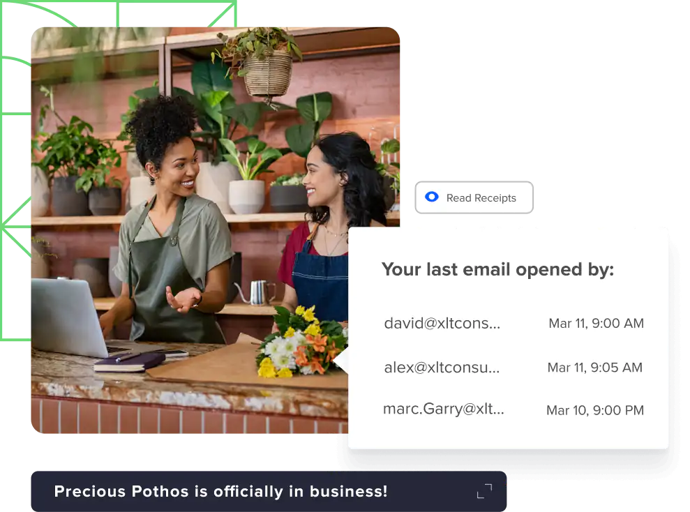 Two women wearing aprons standing behind store counter with laptop smile at each other with screenshot of email read receipts