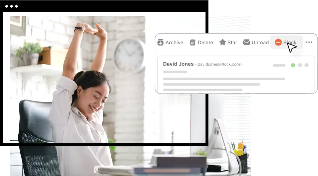 Woman stretches with arms over head while sitting in a chair with cropped illustration of email inbox with block button