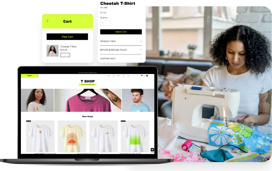 Woman working at a sewing machine with screenshot of online store