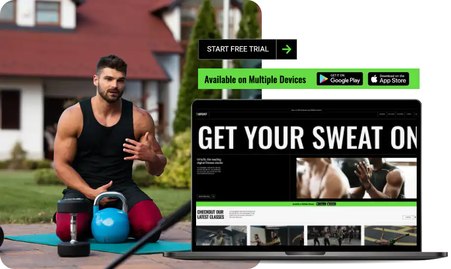 Fitness coach sitting outside with equipment surrounding him and screenshot of a gym website