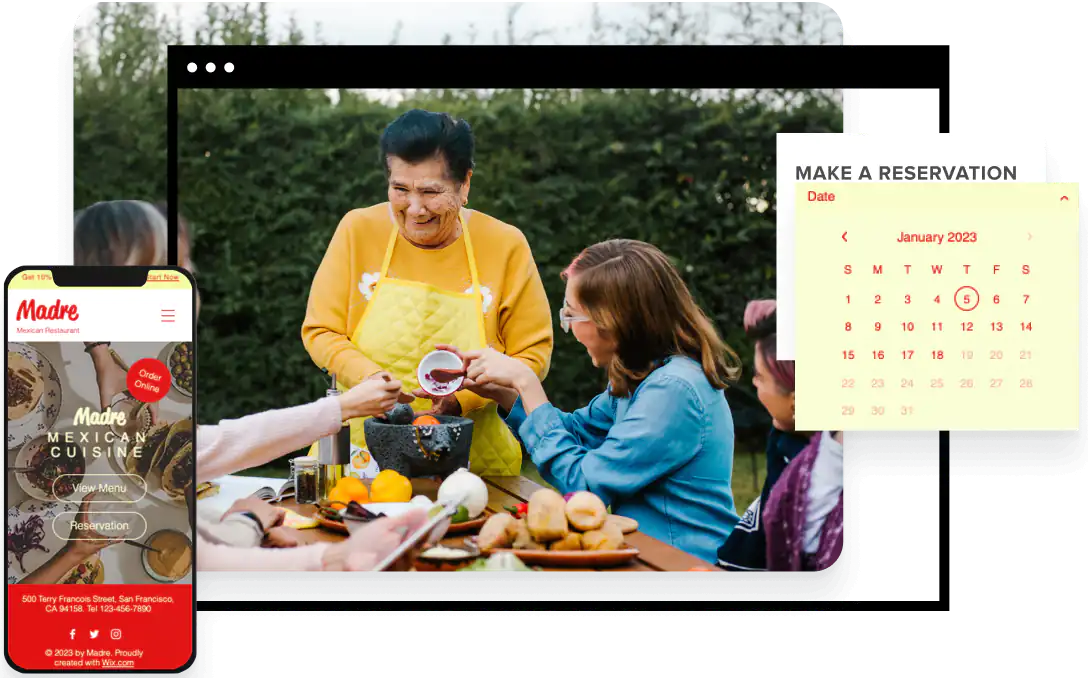 Una familia rodea una mesa de pícnic con una captura de pantalla de un calendario en línea
