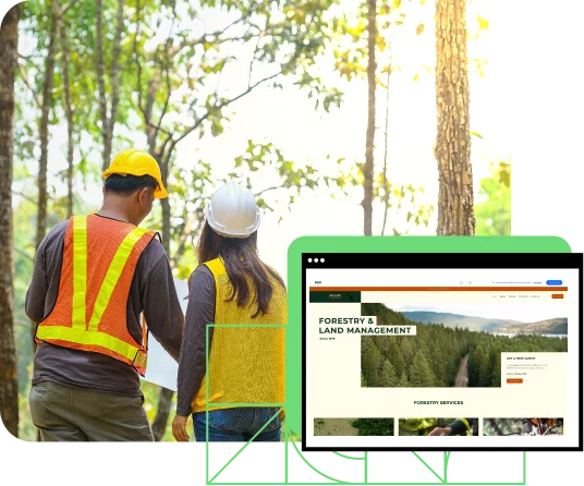 Man and woman wearing hard hats looking into forest